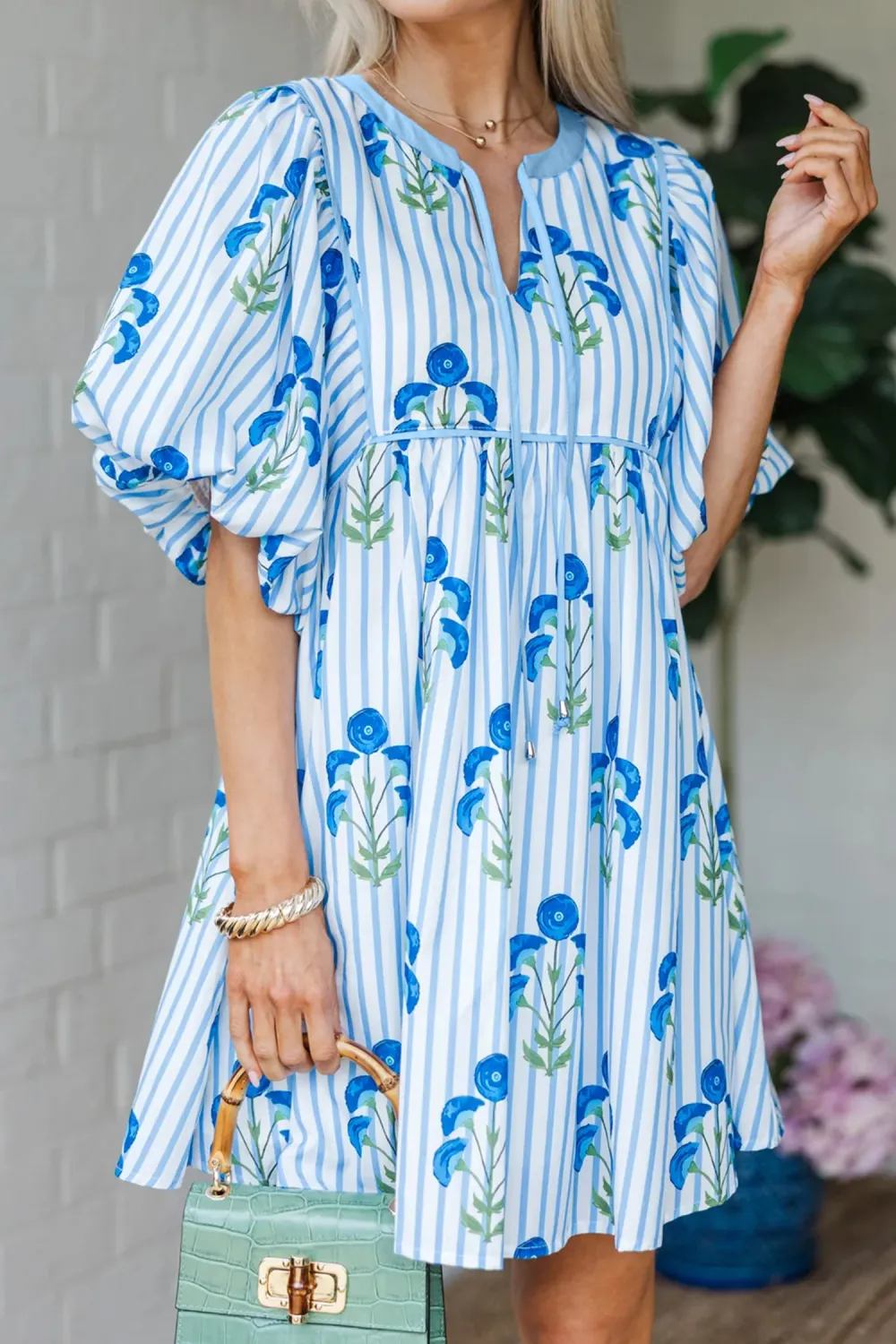 Blue Floral Tie Neck Mini Dress