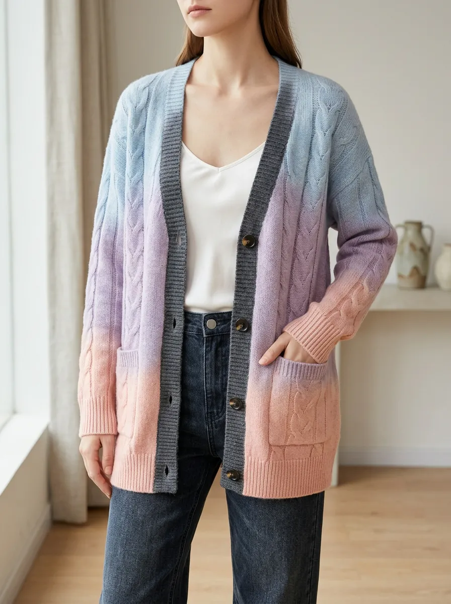 Women's Pastel Ombre Cable Knit Button Down Cardigan