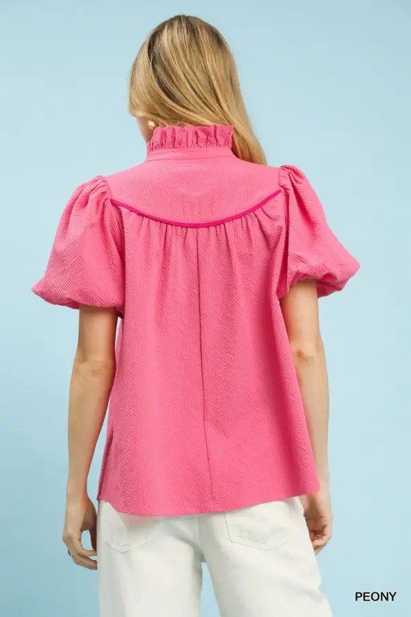 Textured Puff Sleeve V-Neck Blouse With Contrast Trim