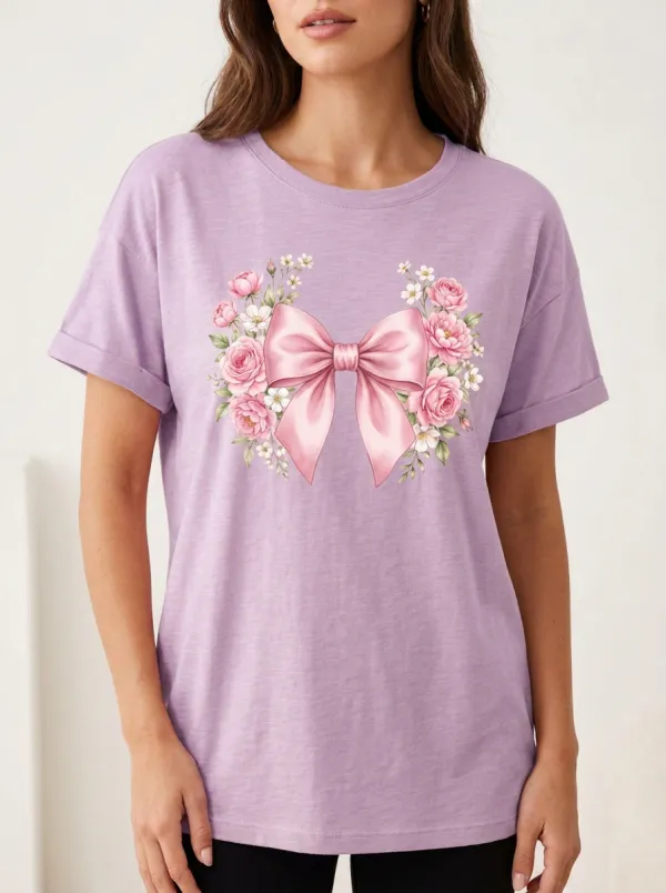 Women's Breast Cancer Awareness Pink Bow Floral Printed T-shirt