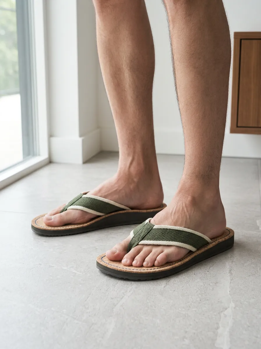 Men's Casual Olive Green Canvas Strap Cork Printed Flip Flops