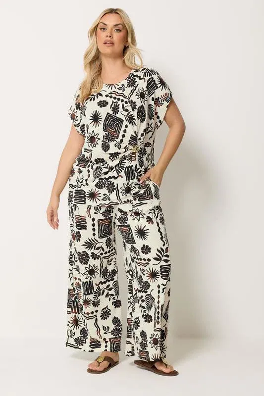 Natural Brown Summer Print Crinkle Wide Leg Trousers
