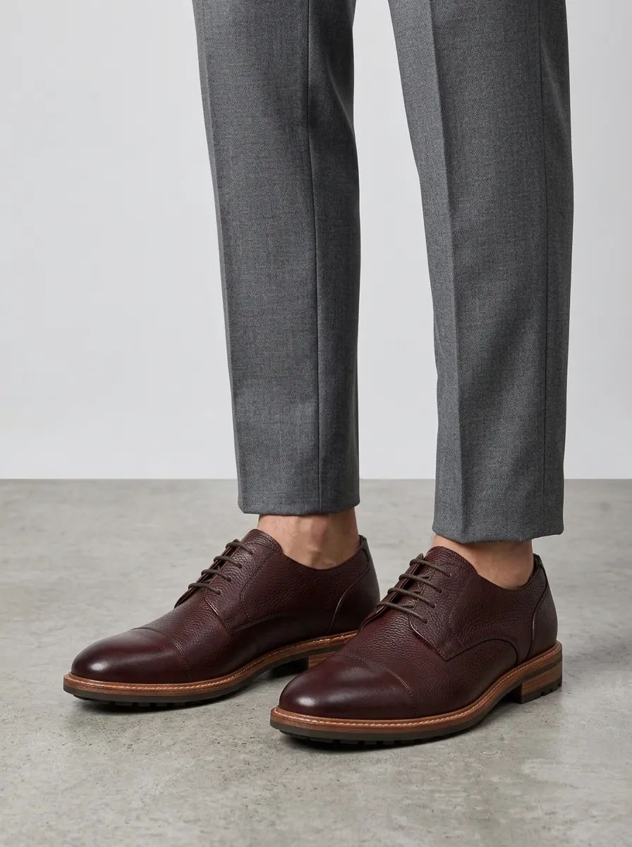 Men's Business Casual Brown Pebble Grain Leather Oxford Shoes