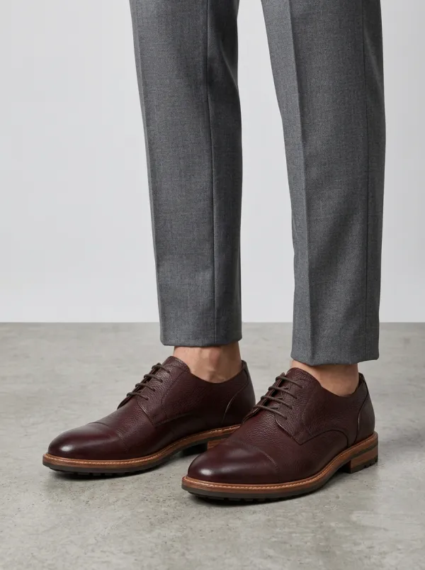 Men's Business Casual Brown Pebble Grain Leather Oxford Shoes