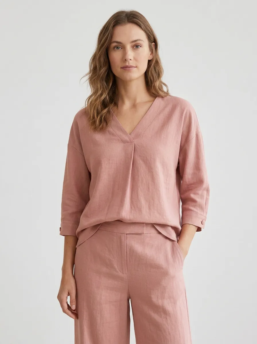 Three-Quarter-Sleeve Linen-Blend Women's V-Neck Shirt