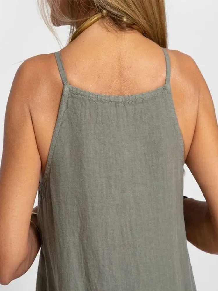 Sleeveless Side Slit Linen Blend Slip Dress