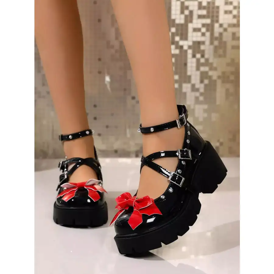 Bow Round Toe Block Heels Pumps
