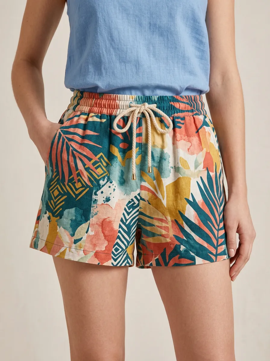 Women's Tropical Botanical Geometric Rope Drawstring Printed Shorts