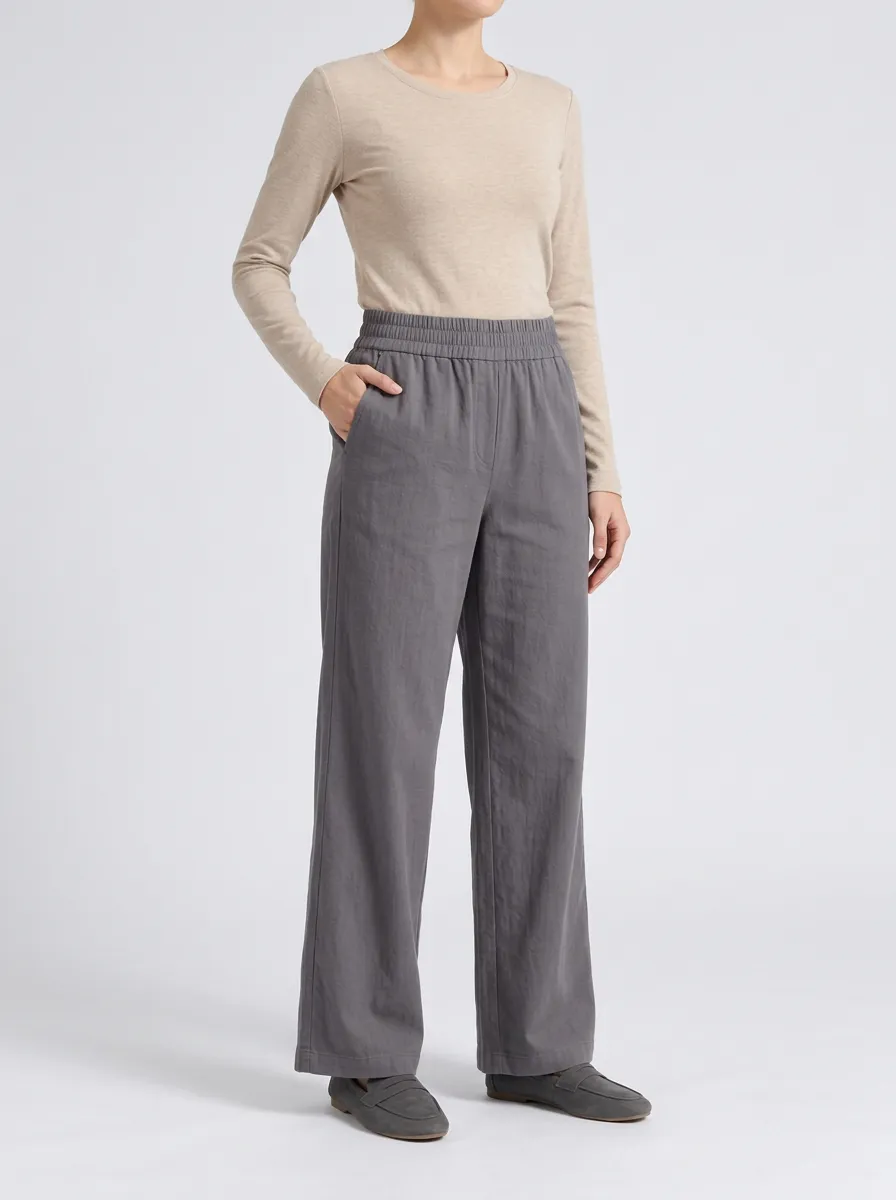 Women's Grey Loose Fit Elastic Waist Pants with Linen