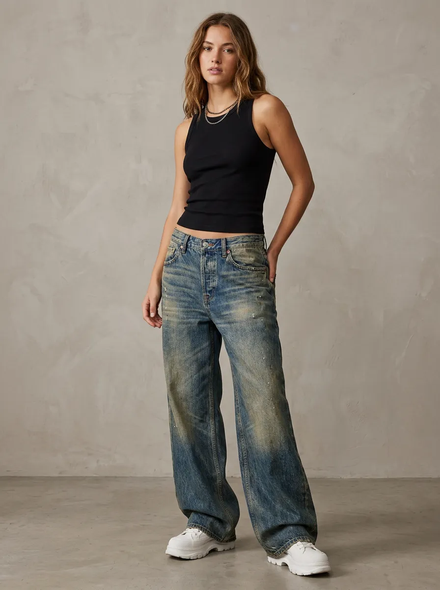 Women's Vintage Style Distressed Wash Wide Leg Denim Pants
