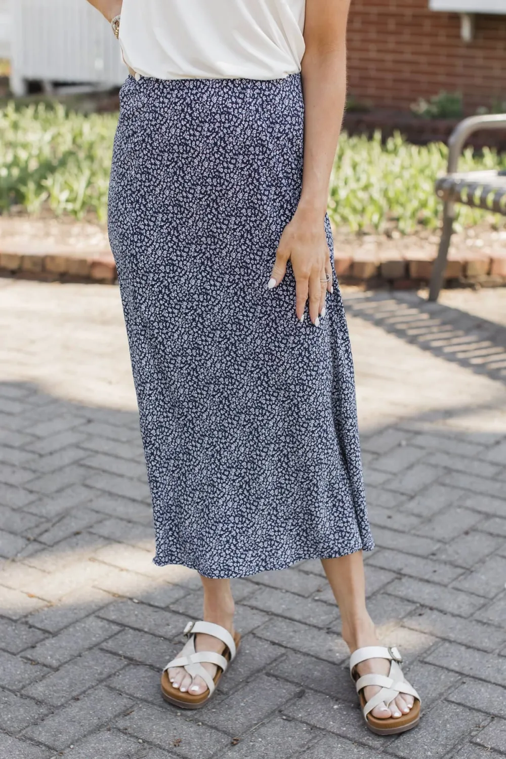 Elastic Waist Floral Midi Everyday Skirt