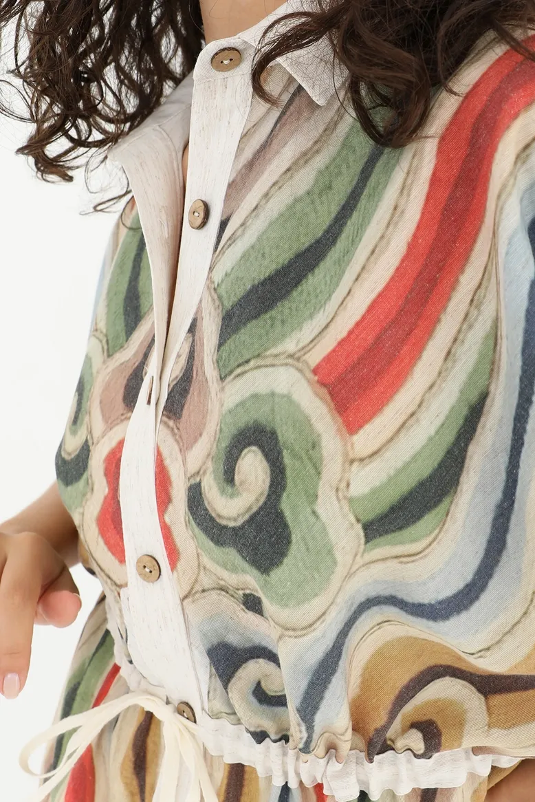 Linen Blend Colorful Kimono Mini Dress
