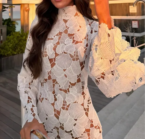 Lace Cut Out Bell Sleeve Mini Dress