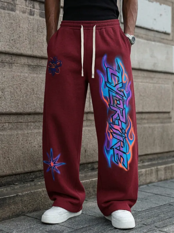 Men's Streetwear Graffiti Flame Flower Printed Sweatpants