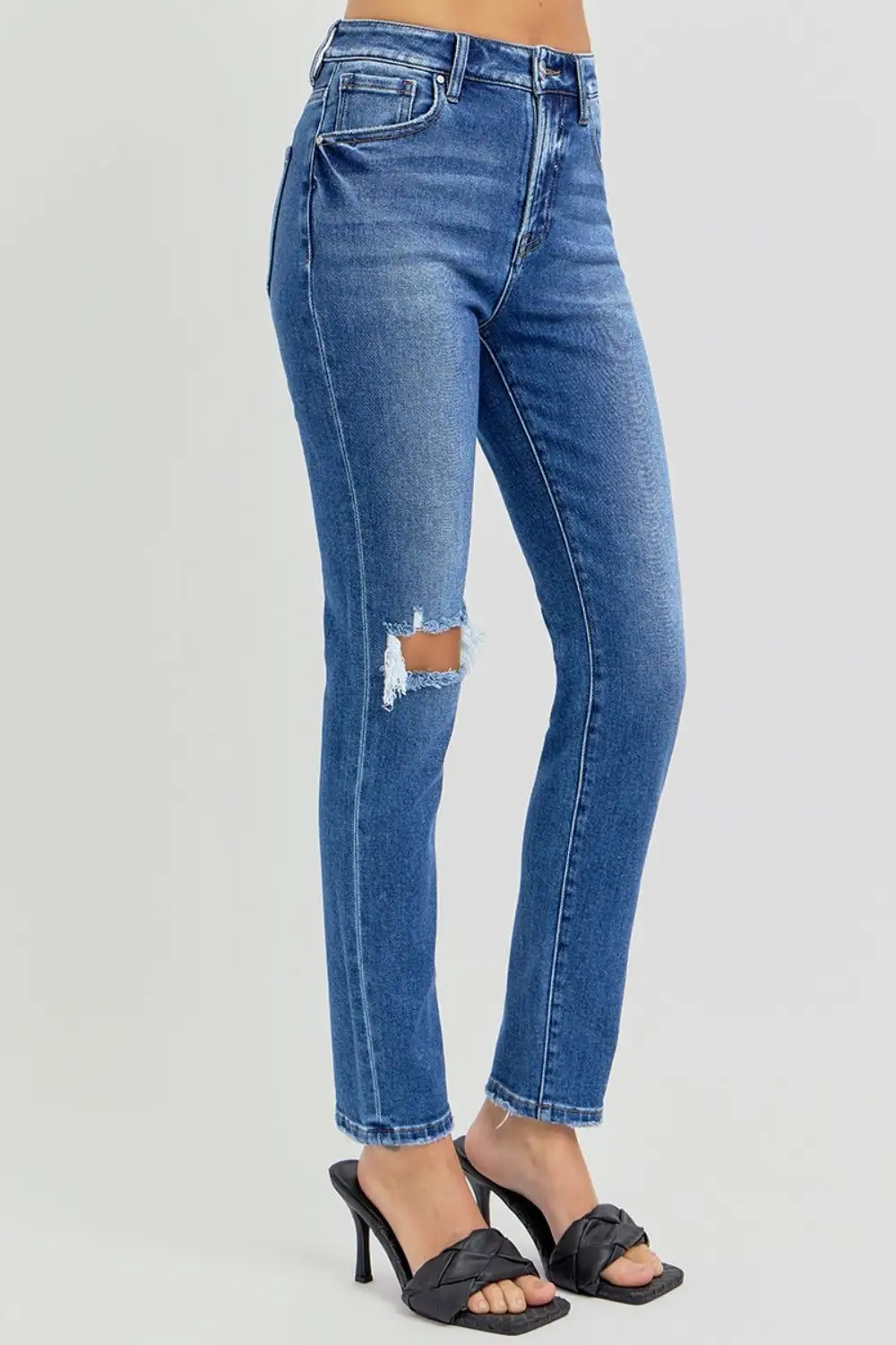High Rise Ankle Skinny Knee Distressed Denim Jeans