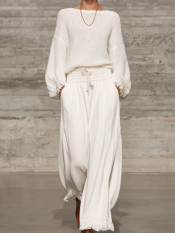 Elastic-Waist Wide-Leg Casual Pants