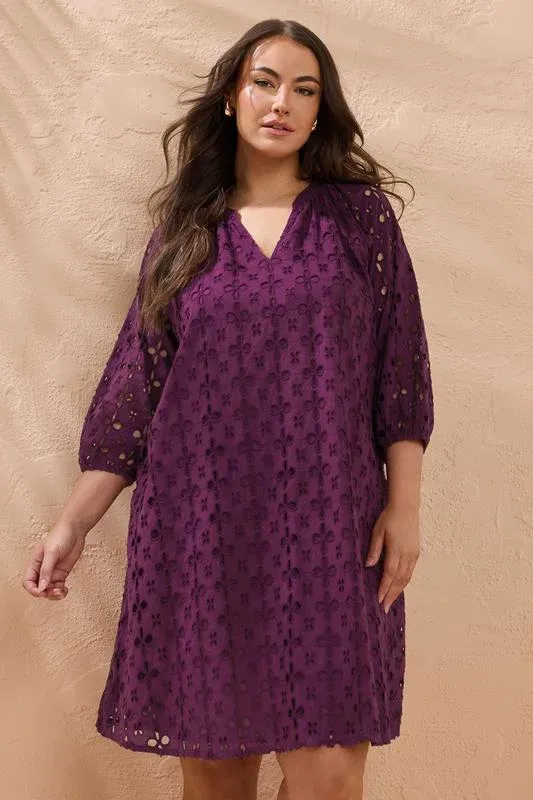 Purple Long Sleeve Broderie Dress
