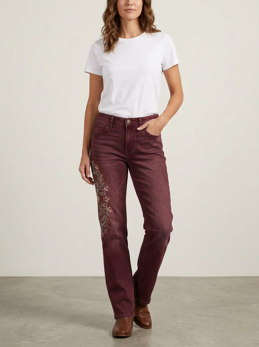 Women's Medium Wash Cactus Floral Embroidered Mid-Rise Straight Leg Jeans