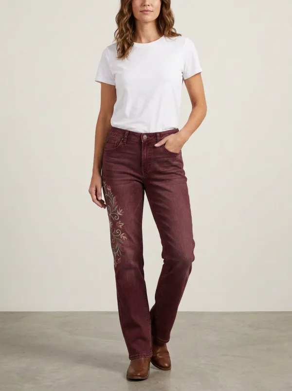 Women's Medium Wash Cactus Floral Embroidered Mid-Rise Straight Leg Jeans
