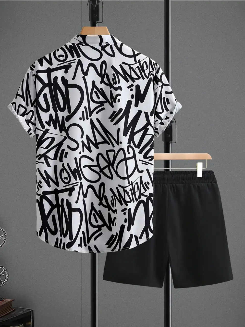 Letter Print Button Detail Shirt And Shorts Set