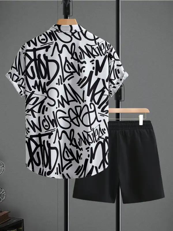 Letter Print Button Detail Shirt And Shorts Set