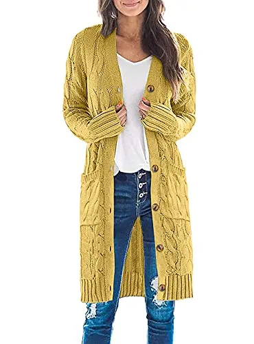 Womens Long Sleeve Cable Knit Long Cardigan Open Front Button Sweater Outerwear