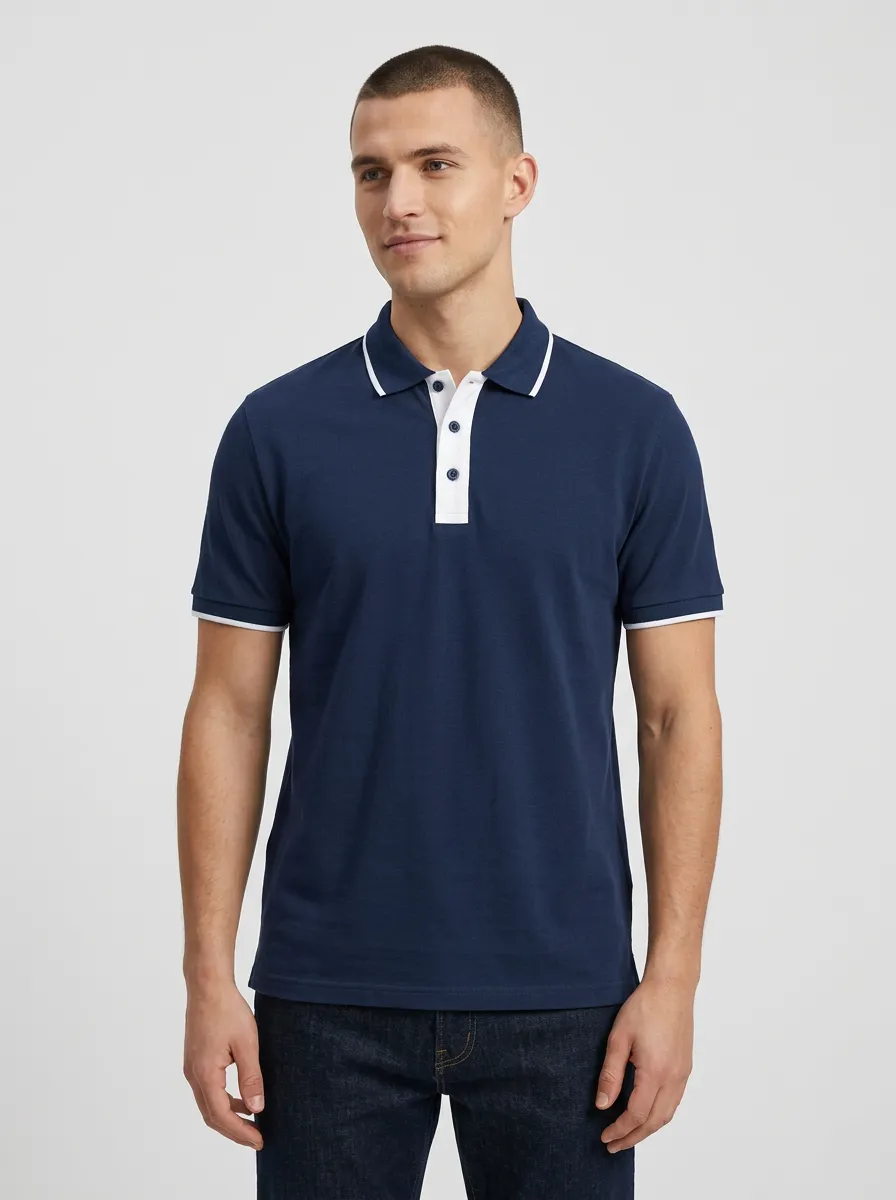 Men's Navy Blue Contrast White Trim Casual Polo Shirt