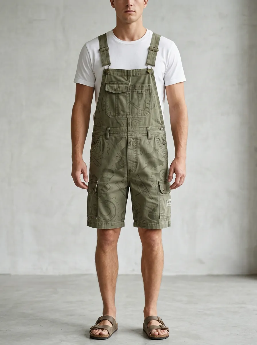 Men's Mechanic Gear Pattern Olive Printed Cargo Overalls Shorts