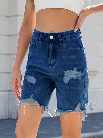 Distressed Raw Hem Shorts Detail Denim Pants