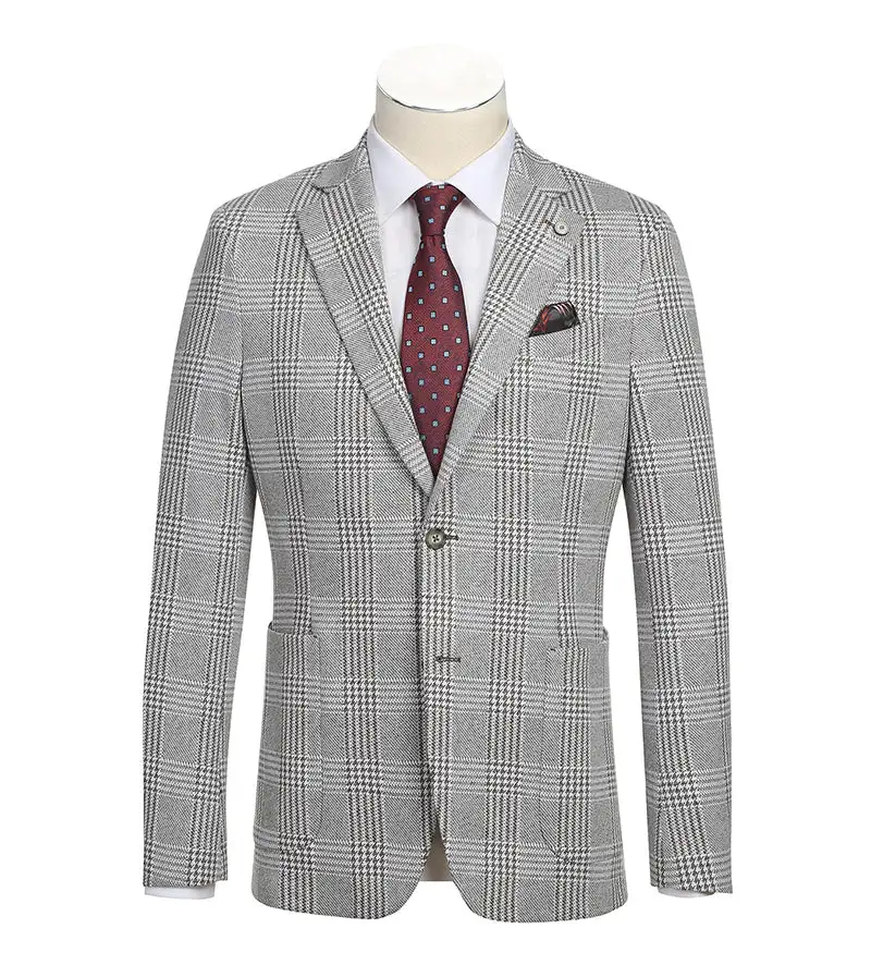 Gray Slim Fit Cotton Plaid Side Vents Blazer