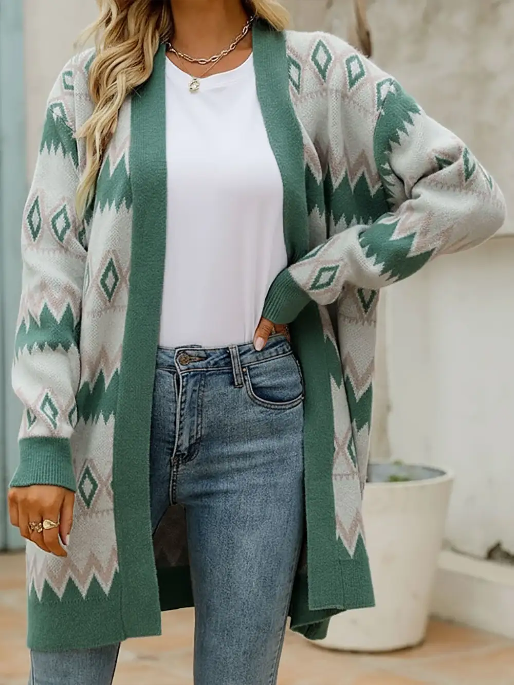 Boho Graphic-Knit Long-Sleeve Cardigan
