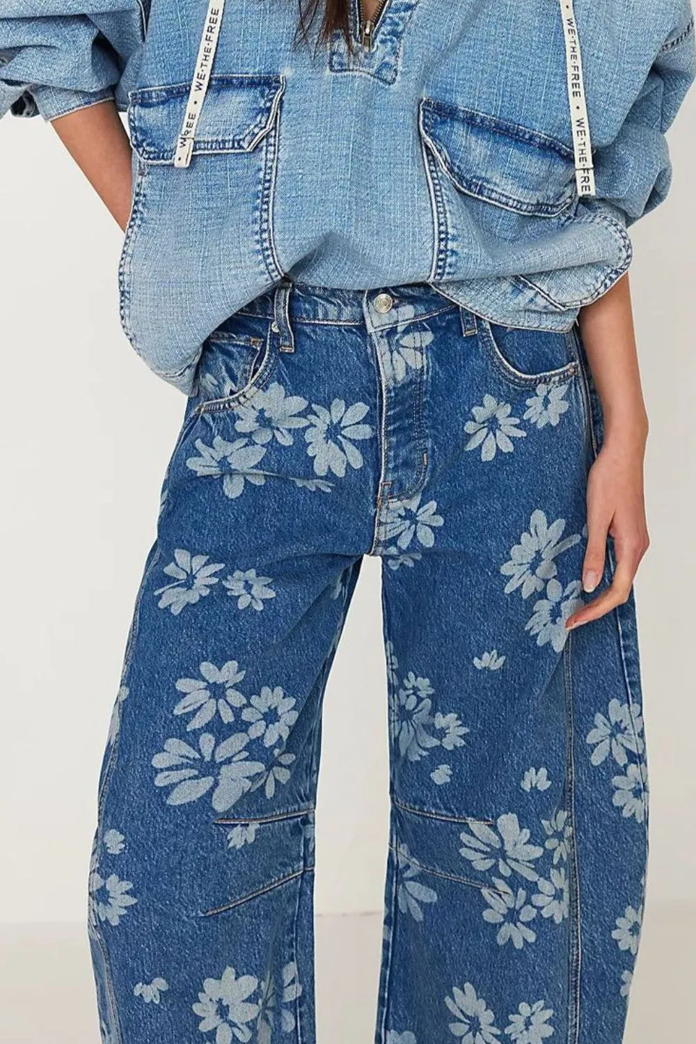 Denim Floral Print Wide Leg Pocketed Jeans