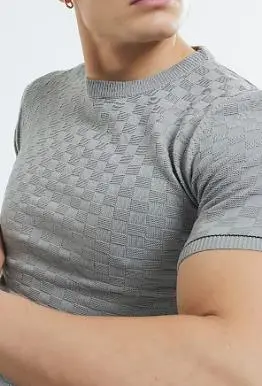 Men's Grey Slim Fit Checkerboard T-Shirt