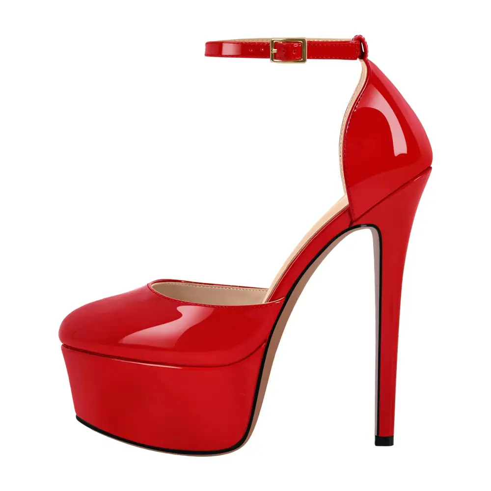Round Toe Platform Stiletto Ankle Strap Pumps