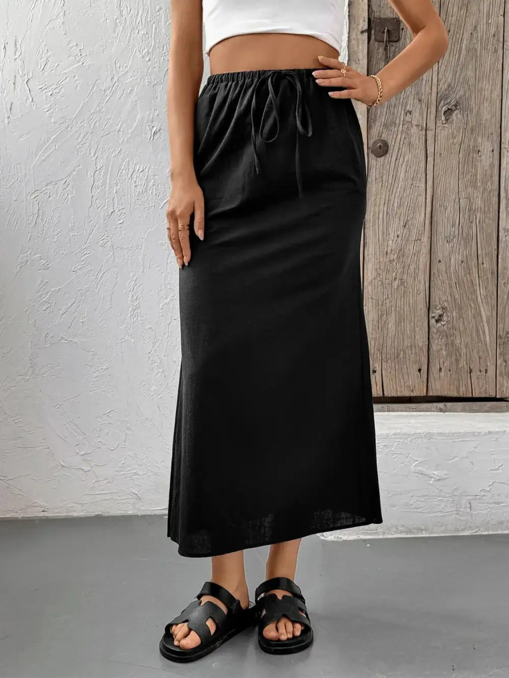 Chic Cotton Blend Drawstring Detail Skirt