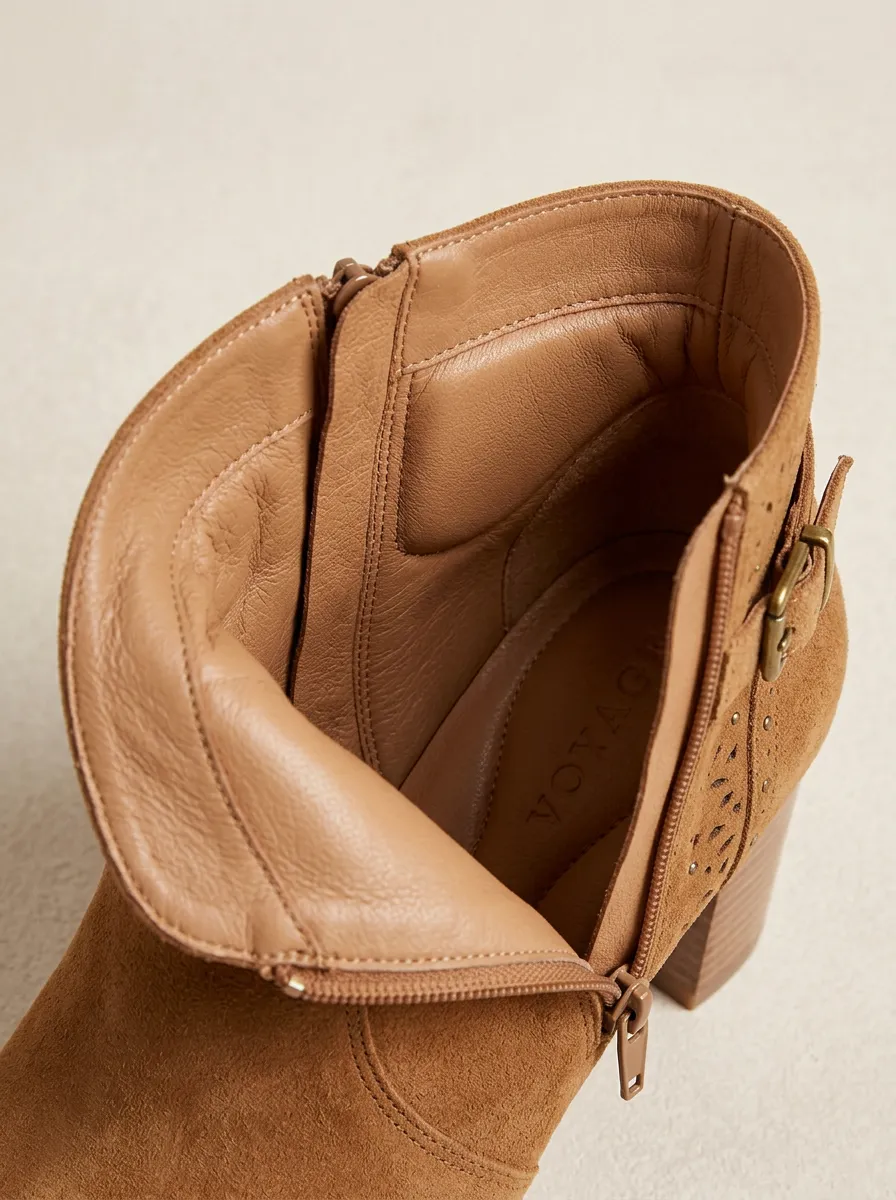 Laser-Cut Buckle-Detail Vintage-Inspired Women's Peep-Toe Ankle Boots