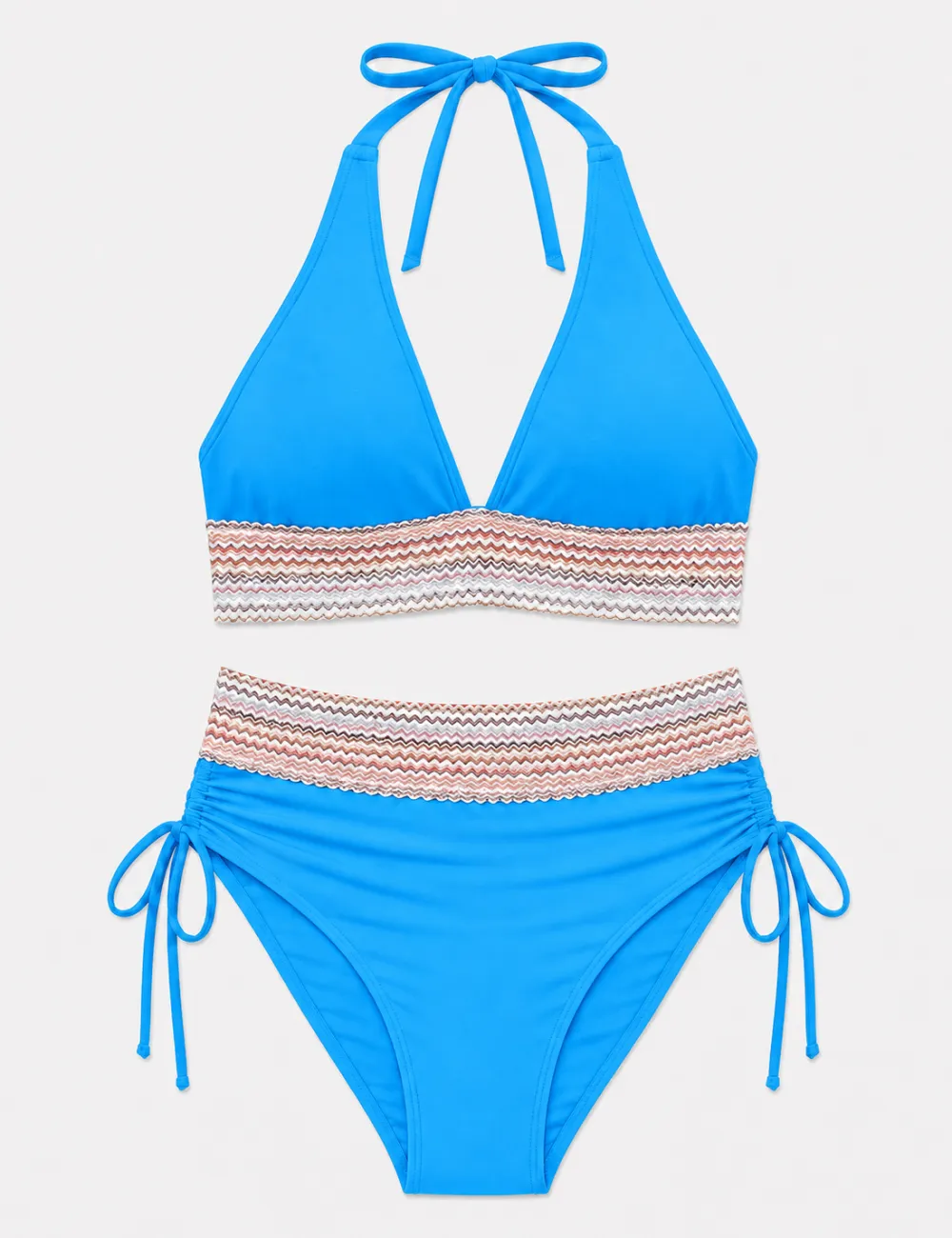 Deep V Neck Colorful Zigzag Smocked Trim Bikini Set