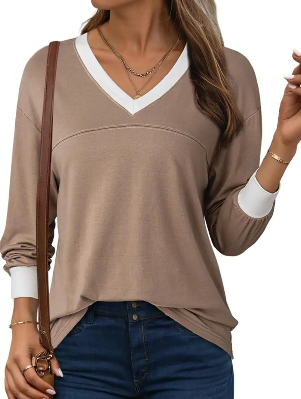 Contrast V Neck Loose Sweatshirt