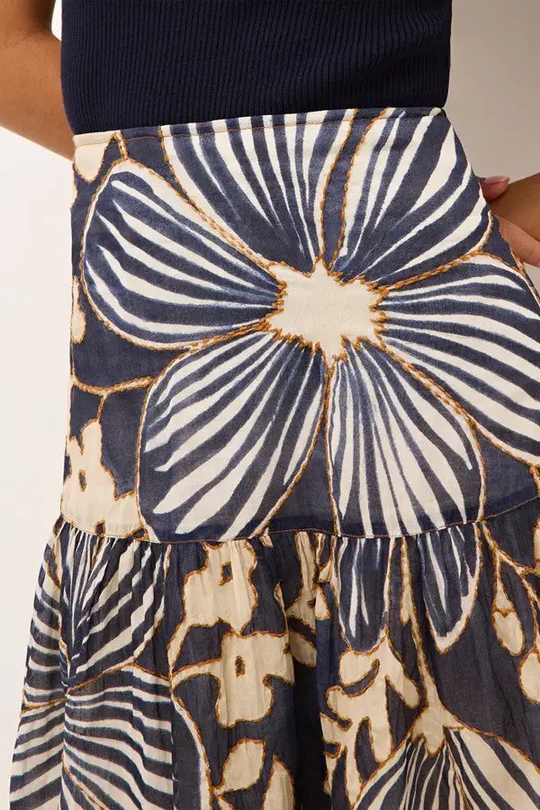 Navy Floral Print Tiered Maxi Skirt