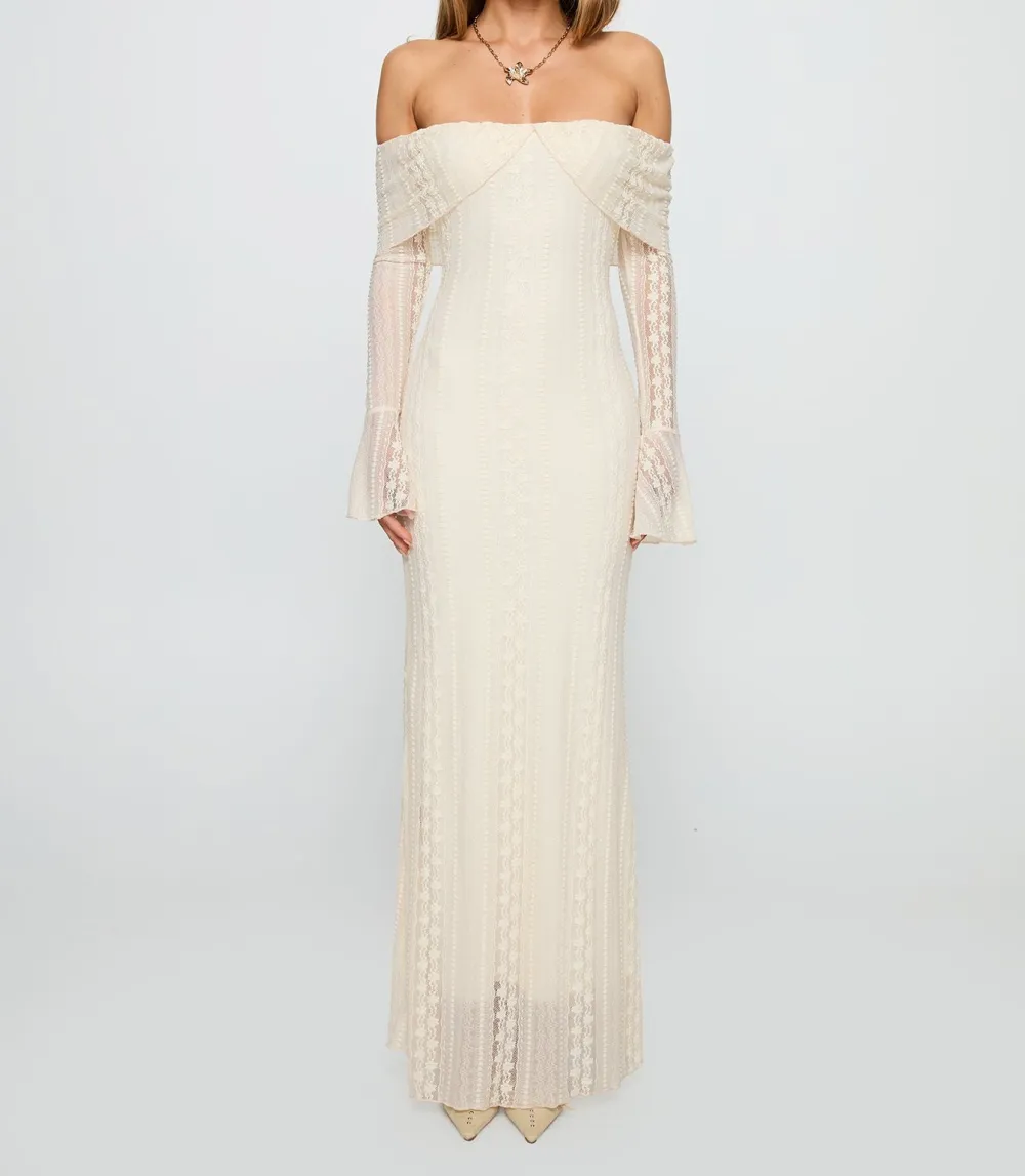 Cream Lace Long Sleeve Maxi Dress