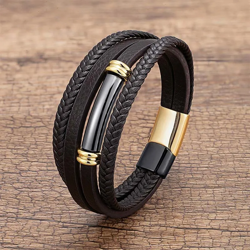 Multi Layered Simple Design Leather Titanium Steel Bracelet