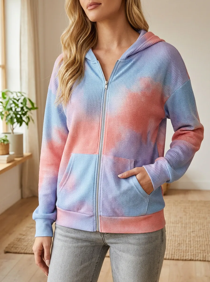 Women's Tie-Dye Signature Motif Waffle Zip-Up Hoodie
