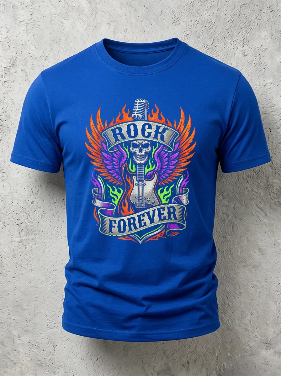 Unisex Rock Music Lover Skull Guitar Flame Printed T-shirt