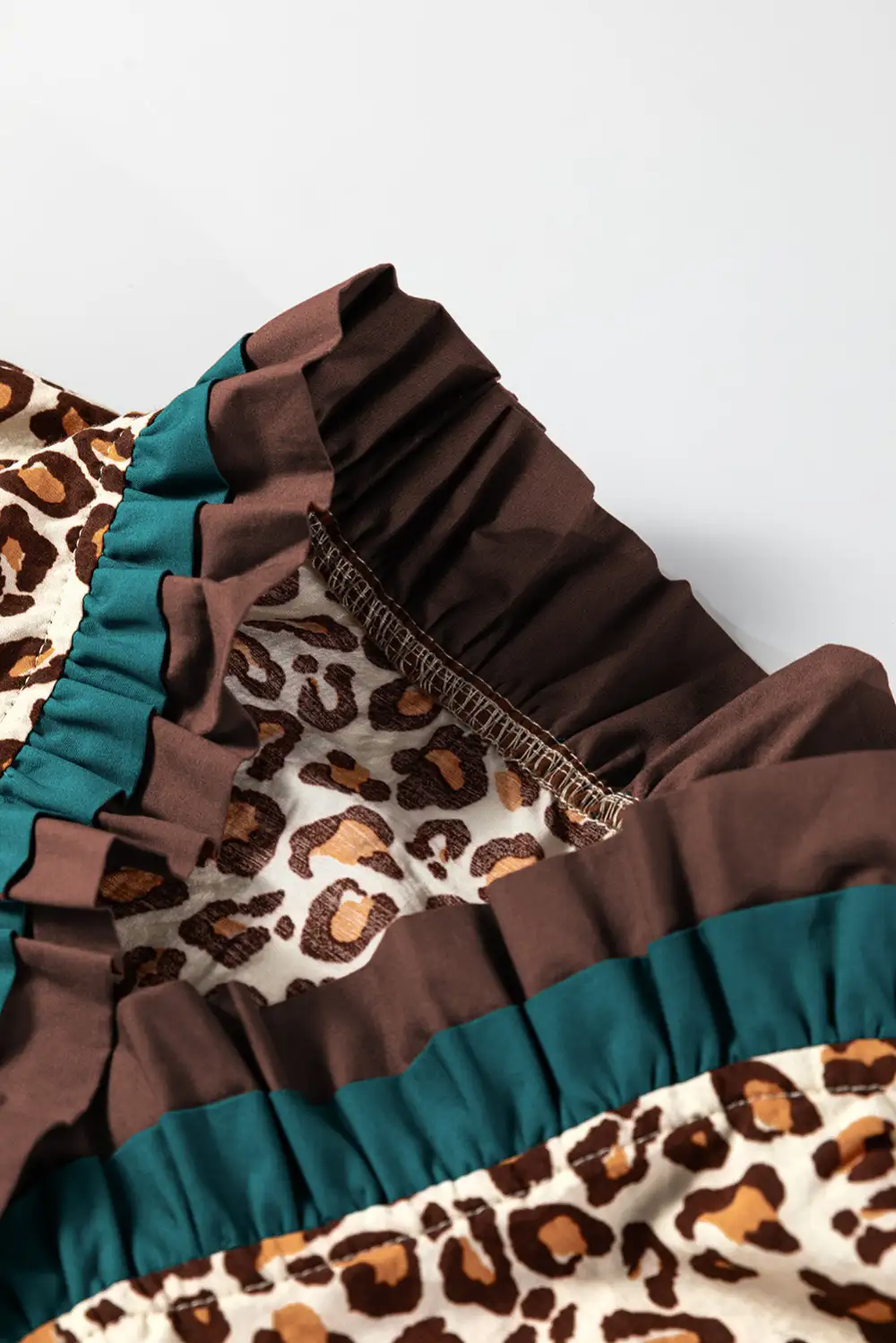 Brown Leopard Print Contrast Frilled Trim Button Down V Neck Shirt