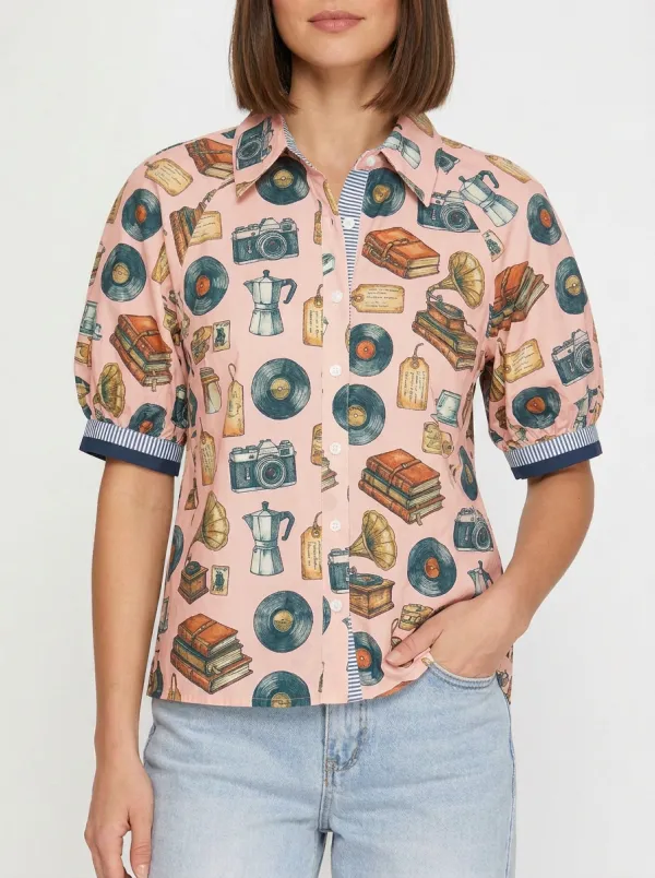 Women's Vintage Hobby Lover Camera Vinyl Book Graphic Shirt