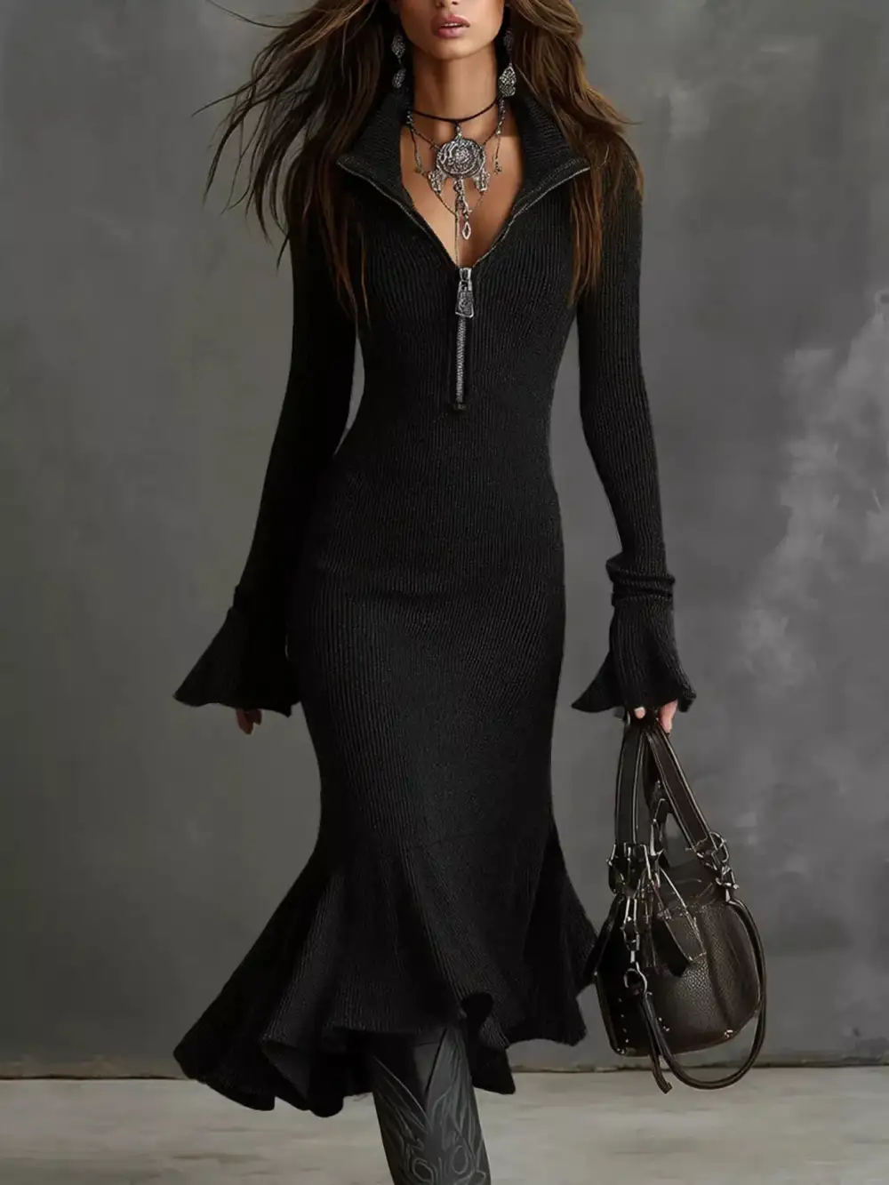 Ribbed Knit Zip Front Midi Dress