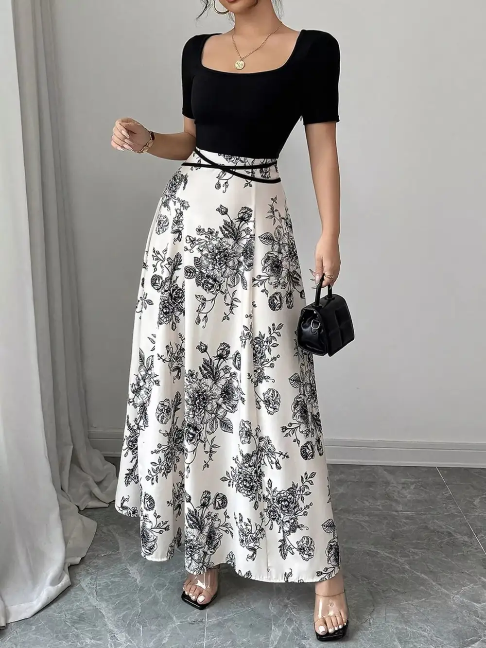 Floral Print Square Neck Maxi Dress