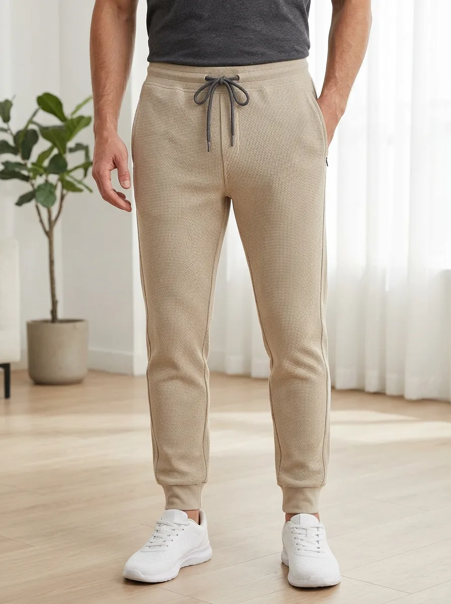 Men's Casual Sporty Beige Waffle Knit Drawstring Jogger Pants