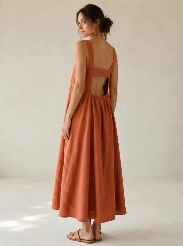 Women's Warm-Weather Casual Linen Midi Backless Dress