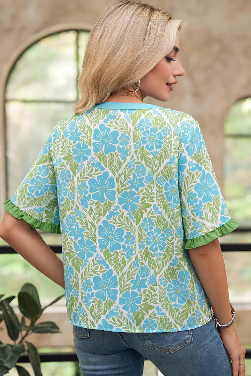 Sky Blue Floral Print Ruffled Blouse